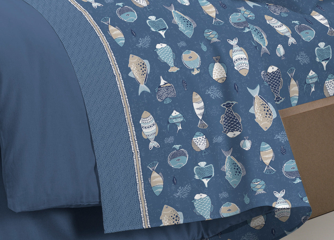 Completo Lenzuola Letto Pensieri Delicati 100% Cotone Disegno Oceano - Matrimoniale - Blu