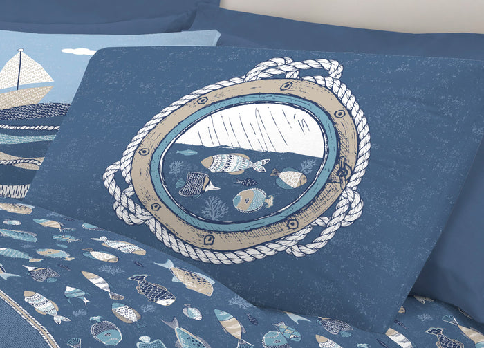 Completo Lenzuola Letto Pensieri Delicati 100% Cotone Disegno Oceano - Piazza E Mezza - Blu