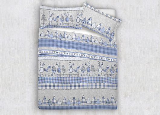 Copripiumino Sacco Piumone 100% Cotone Disegni Natalizi Invernali Renne Cuori OB - Matrimoniale - Oliver Azzurro