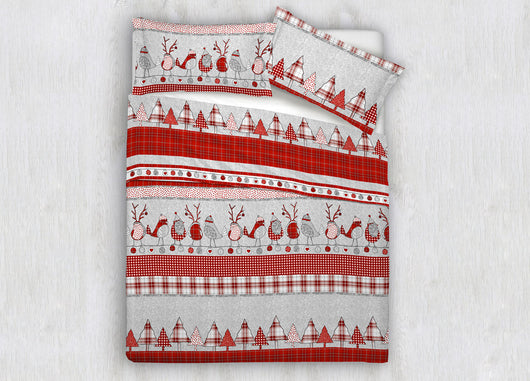 Completo Lenzuola In 100% Cotone Disegni Natalizi Invernali Renne Cuori OB - Singolo - Oliver Rosso