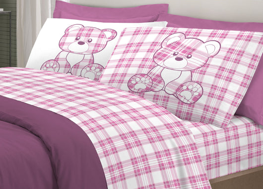 Completo Lenzuola Linea Pensieri Delicati 100% Cotone Orsetto Tartan Primavera - Matrimoniale - Rosa