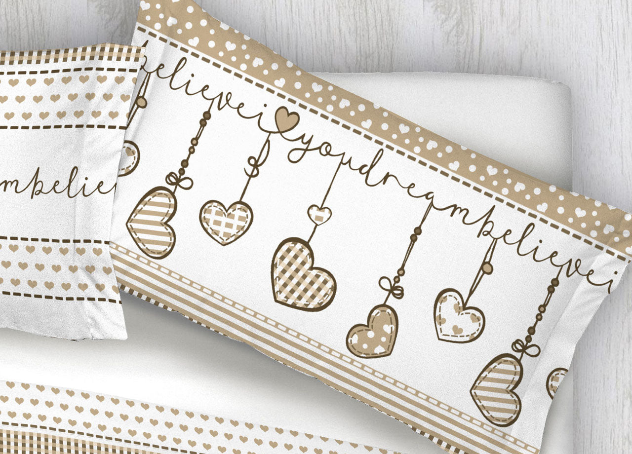 Completo Lenzuola In Cotone Flanella Disegni Natalizi Invernali Renne Cuori OB - Singolo - Dream Beige