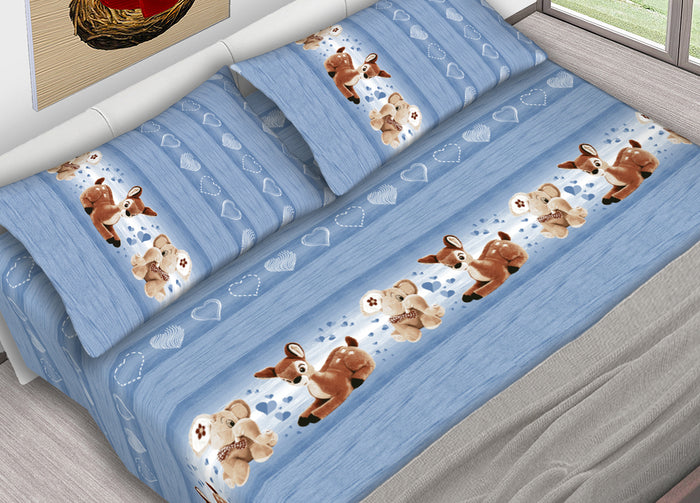 Completo Lenzuola In 100% Cotone Dis. Peluches Colore Azzurro C.N. - Matrimoniale - Azzurro