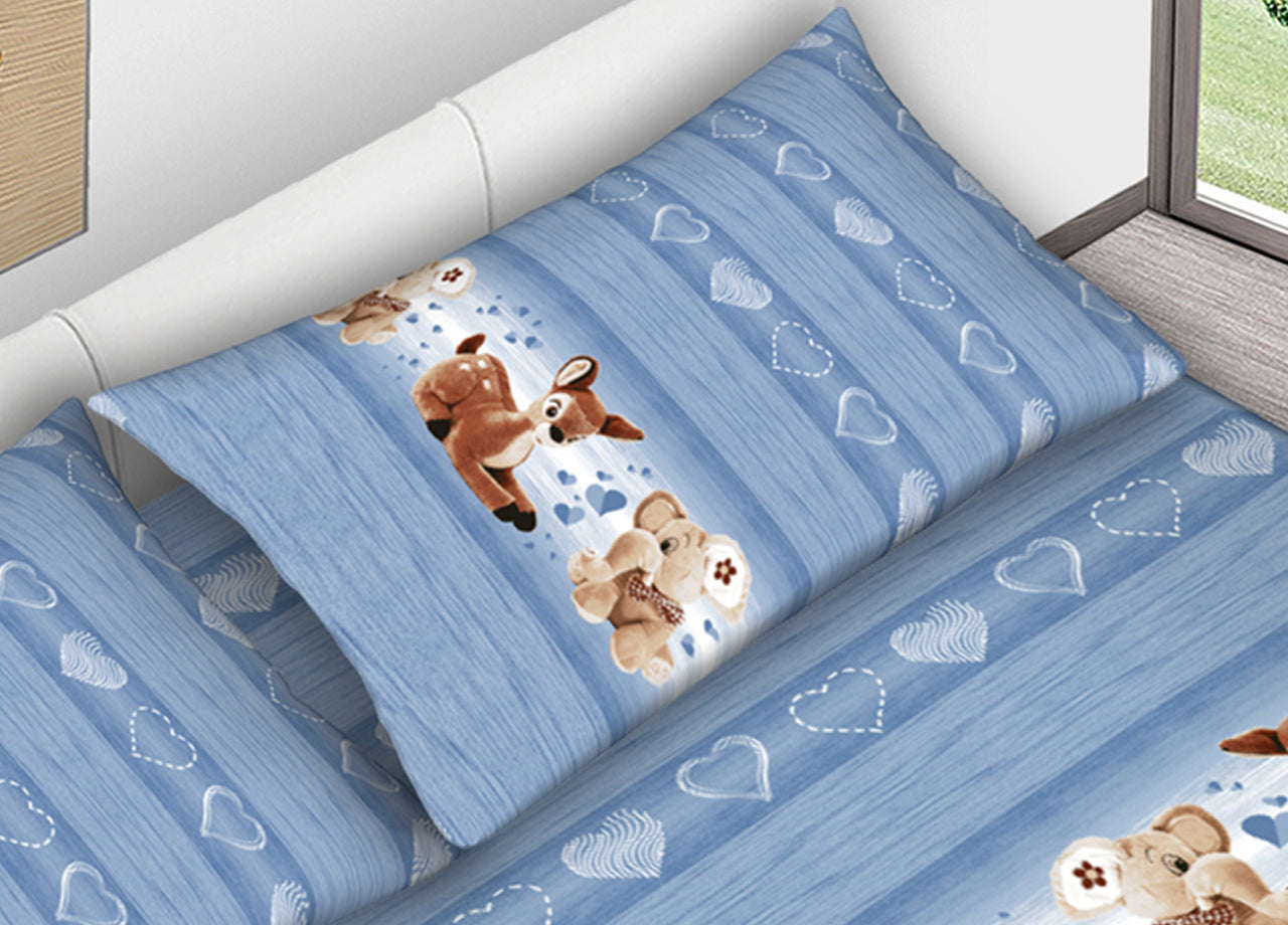 Completo Lenzuola In 100% Cotone Dis. Peluches Colore Azzurro C.N. - Matrimoniale - Azzurro