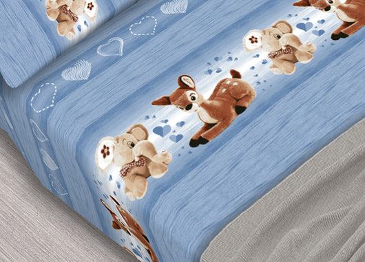 Completo Lenzuola In 100% Cotone Dis. Peluches Colore Azzurro C.N. - Singolo - Azzurro