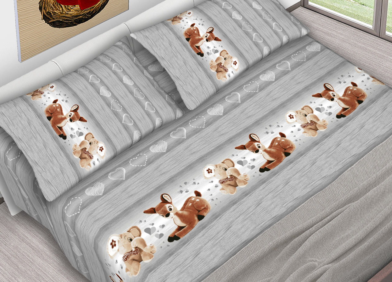 Completo Lenzuola In 100% Cotone Dis. Peluches Colore Grigio C.N. - Matrimoniale - Grigio