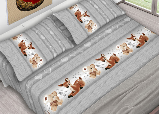 Completo Lenzuola In 100% Cotone Dis. Peluches Colore Grigio C.N. - Matrimoniale - Grigio