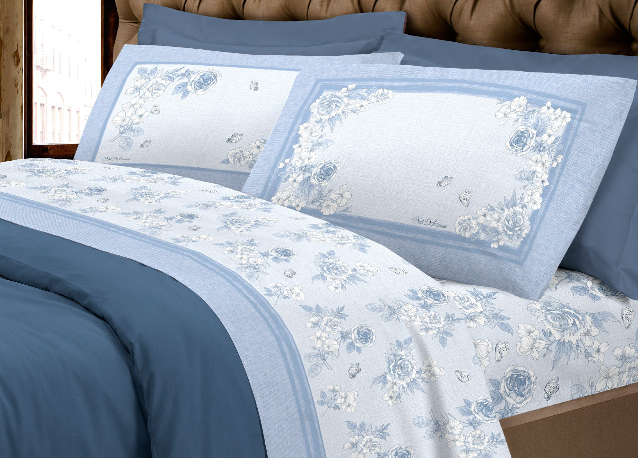 Completo Lenzuola Letto Calda Flanella 100% Cotone Disegno Praga - Matrimoniale - Azzurro
