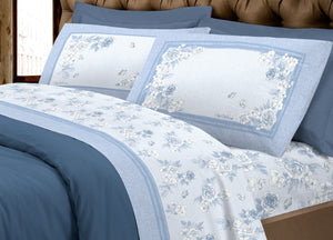 Completo Lenzuola Letto Calda Flanella 100% Cotone Disegno Praga - Matrimoniale - Azzurro