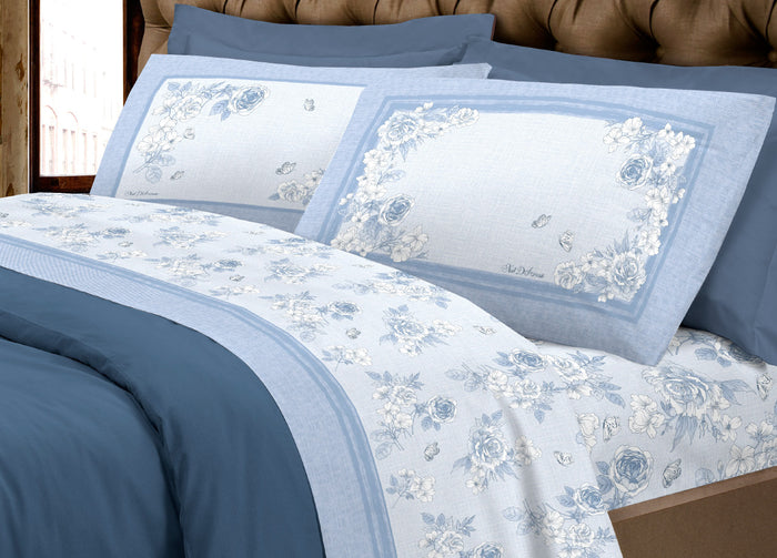 Completo Lenzuola Letto Calda Flanella 100% Cotone Disegno Praga - Matrimoniale - Azzurro