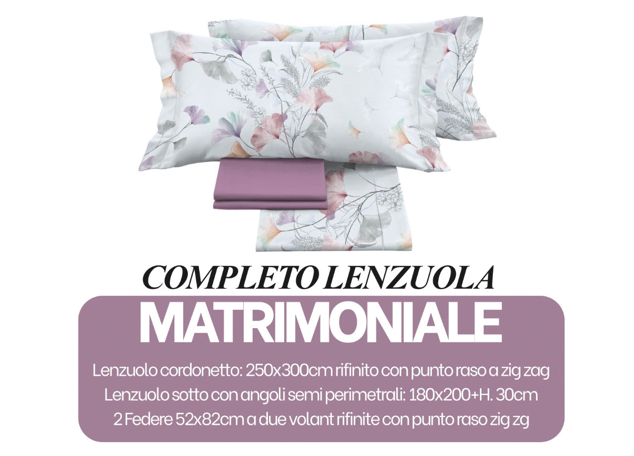 Completo Lenzuola Matrimoniale 100% Raso Cotone Floreale Dis. Ginko Colors