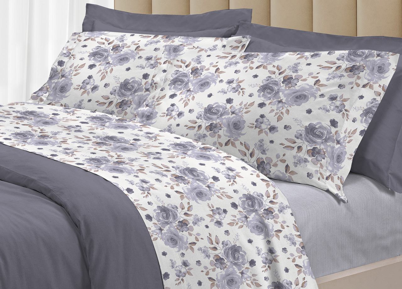 Completo Lenzuola Letto 100% Cotone Italy 3027 Disegno Rosa - Piazza E Mezza - Grigio