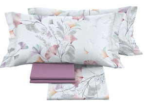 Completo Lenzuola Matrimoniale 100% Raso Cotone Floreale Dis. Ginko Colors
