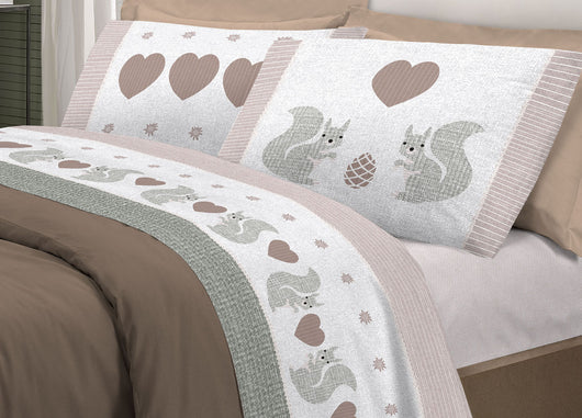 Completo Lenzuola Flanella Pensieri Delicati 100% Cotone Disegno Scoiattolo - Singolo - Beige