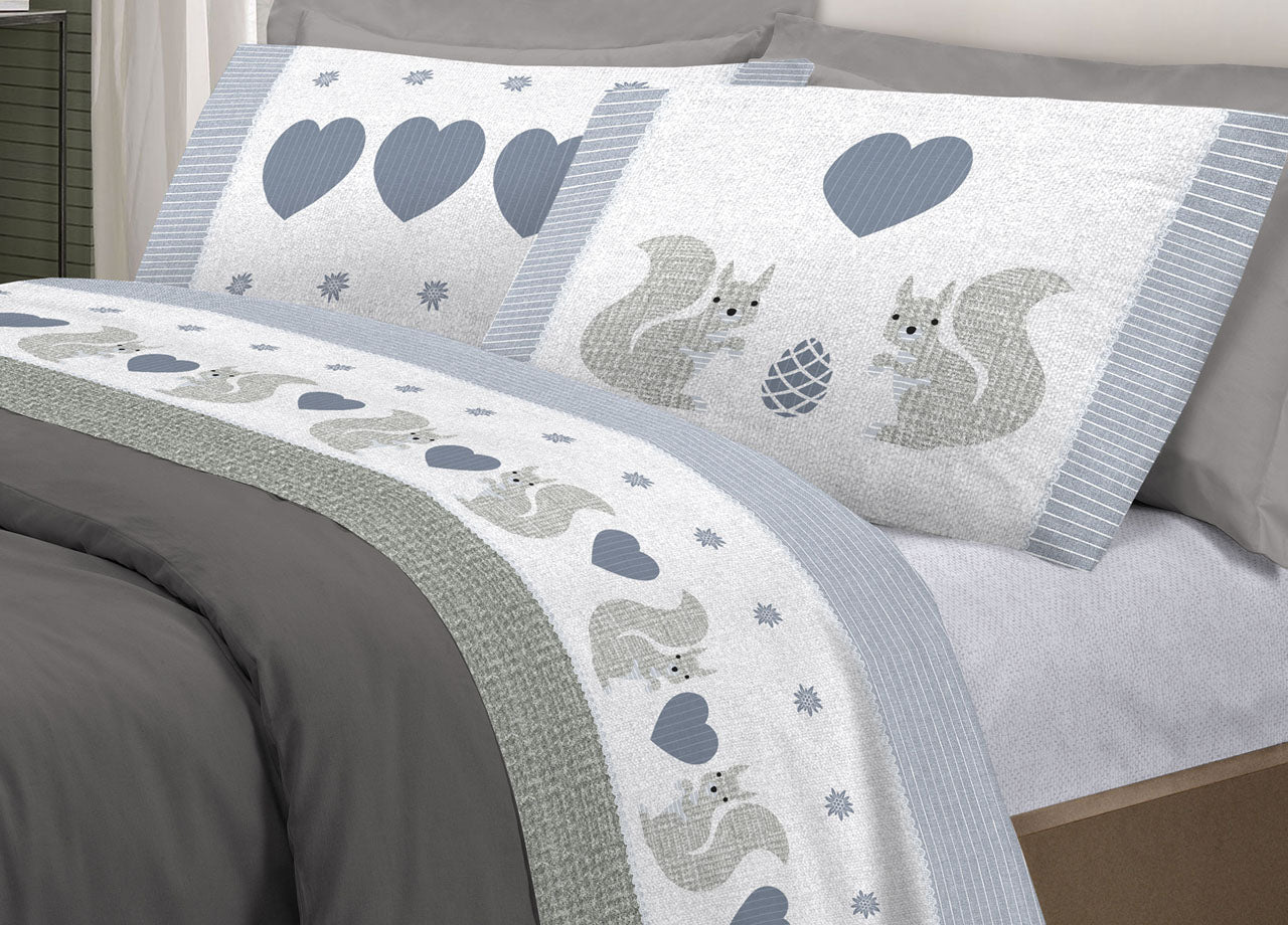 Completo Lenzuola Linea Pensieri Delicati 100% Cotone Disegno Scoiattolo - Piazza E Mezza - Grigio