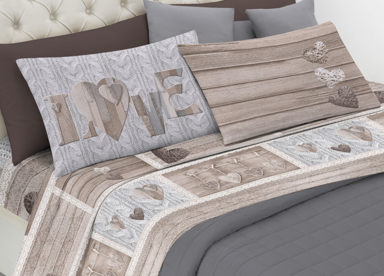Completo Lenzuola Linea Pensieri Delicati 100% Cotone Disegno Shabby Love - Matrimoniale - Beige
