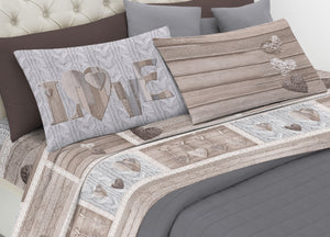 Completo Lenzuola Linea Pensieri Delicati 100% Cotone Disegno Shabby Love - Matrimoniale - Beige
