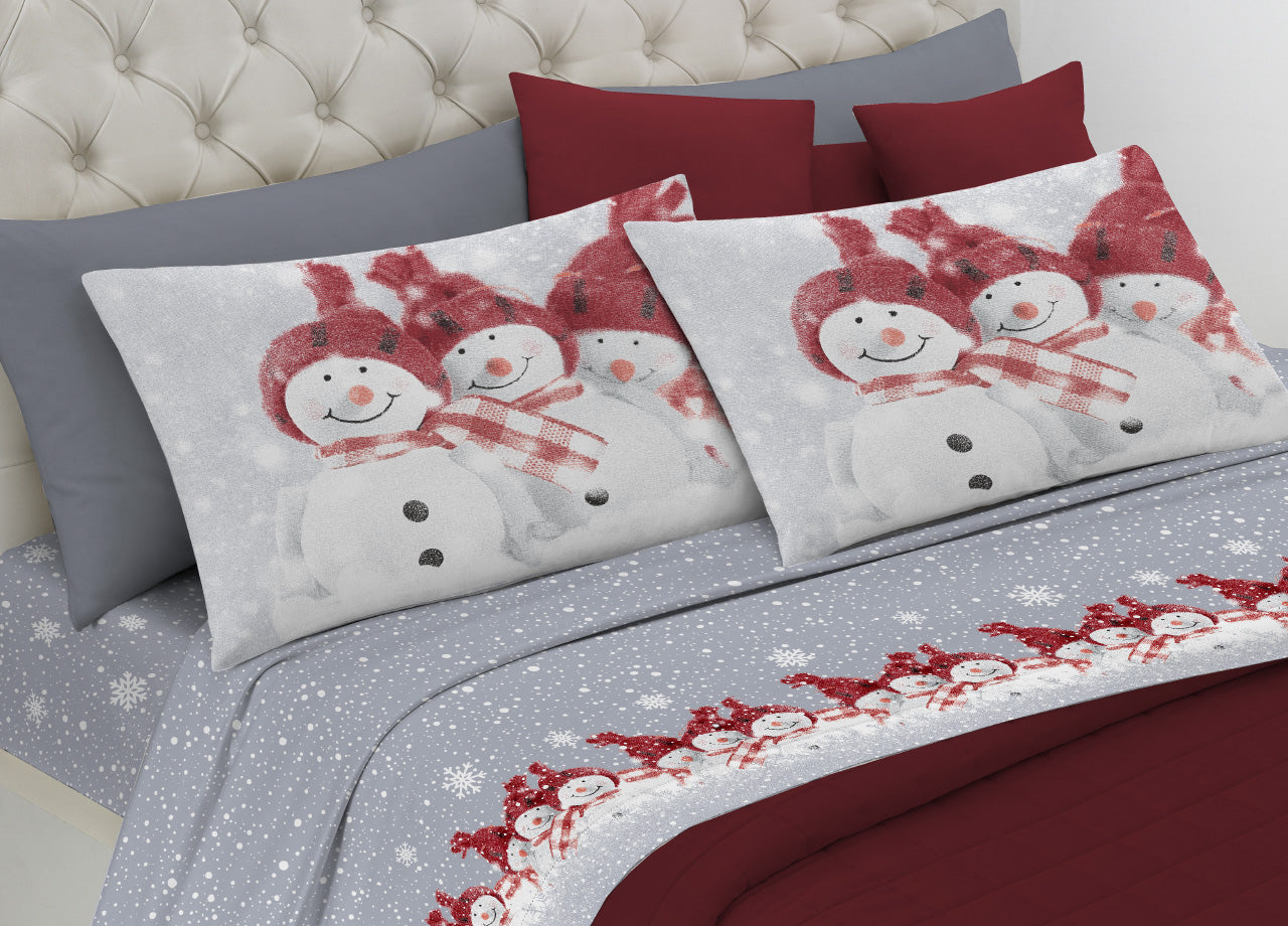 Completo Lenzuola In Morbida Flanella Disegno Snowman - 2 Piazze matr.le - Rosso