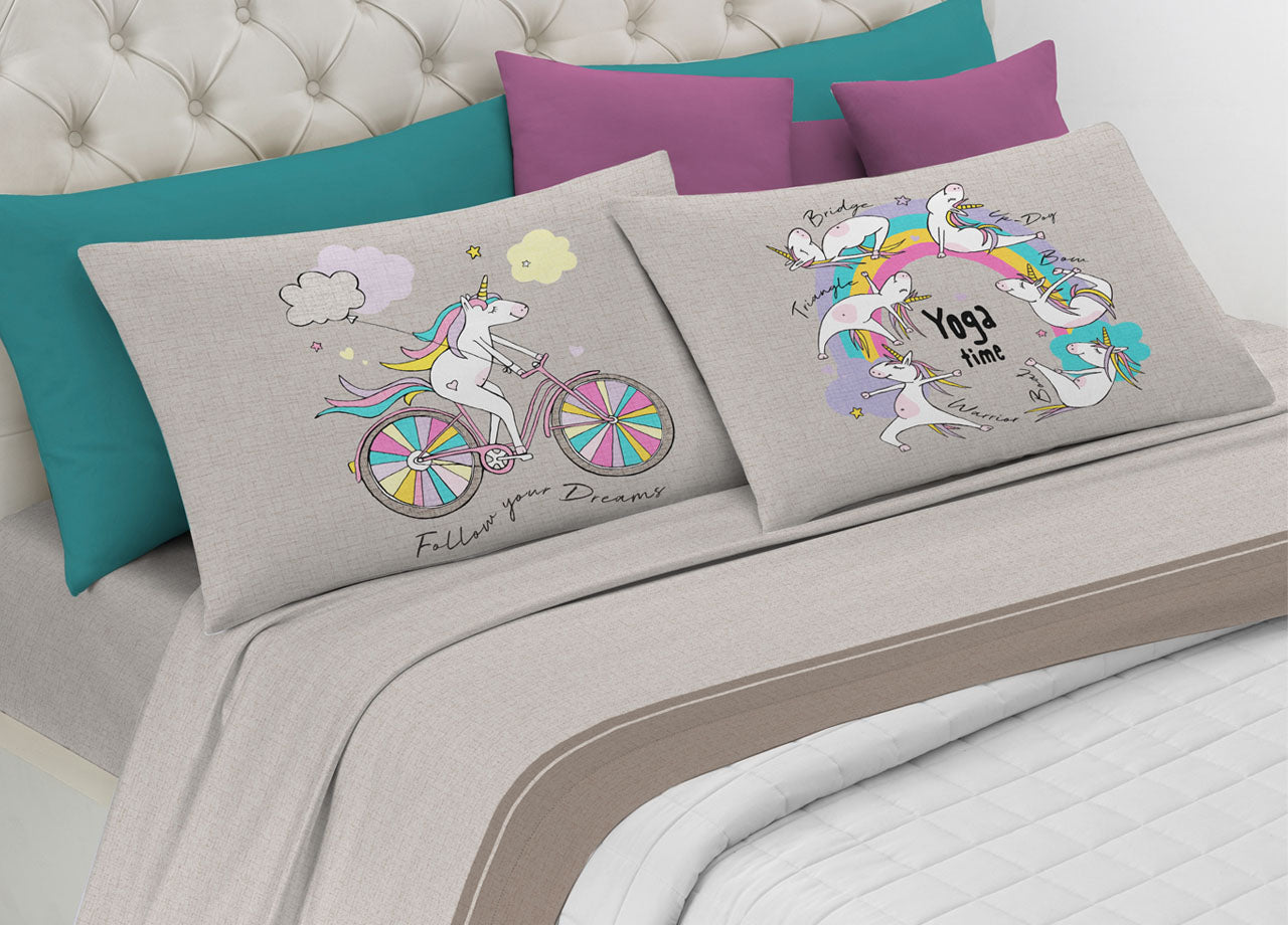 Completo Lenzuola Matrimoniale 100% Cotone Digitale Spin-Off Unicorno