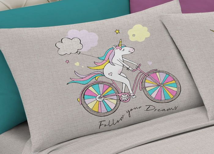 Completo Lenzuola Matrimoniale 100% Cotone Digitale Spin-Off Unicorno