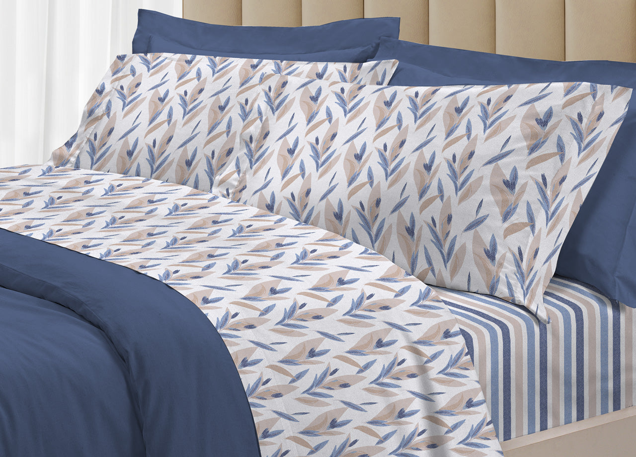 Completo Lenzuola Letto 100% Cotone Italy 3027 Disegno Tulipani - Piazza E Mezza - Blu
