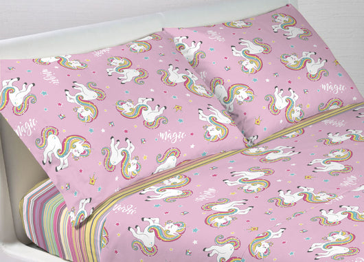 Completo Lenzuola In 100% Cotone Disegno Unicorno - Matrimoniale - Unicorno