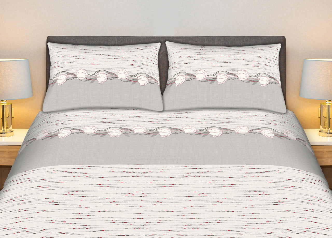 Completo Lenzuola Stiro Facile 100% Cotone Made Italy Effetto Seta Disegno Tulip - Matrimoniale - Grigio