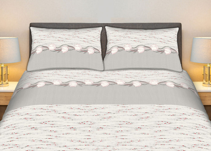 Completo Lenzuola Stiro Facile 100% Cotone Made Italy Effetto Seta Disegno Tulip - Matrimoniale - Grigio