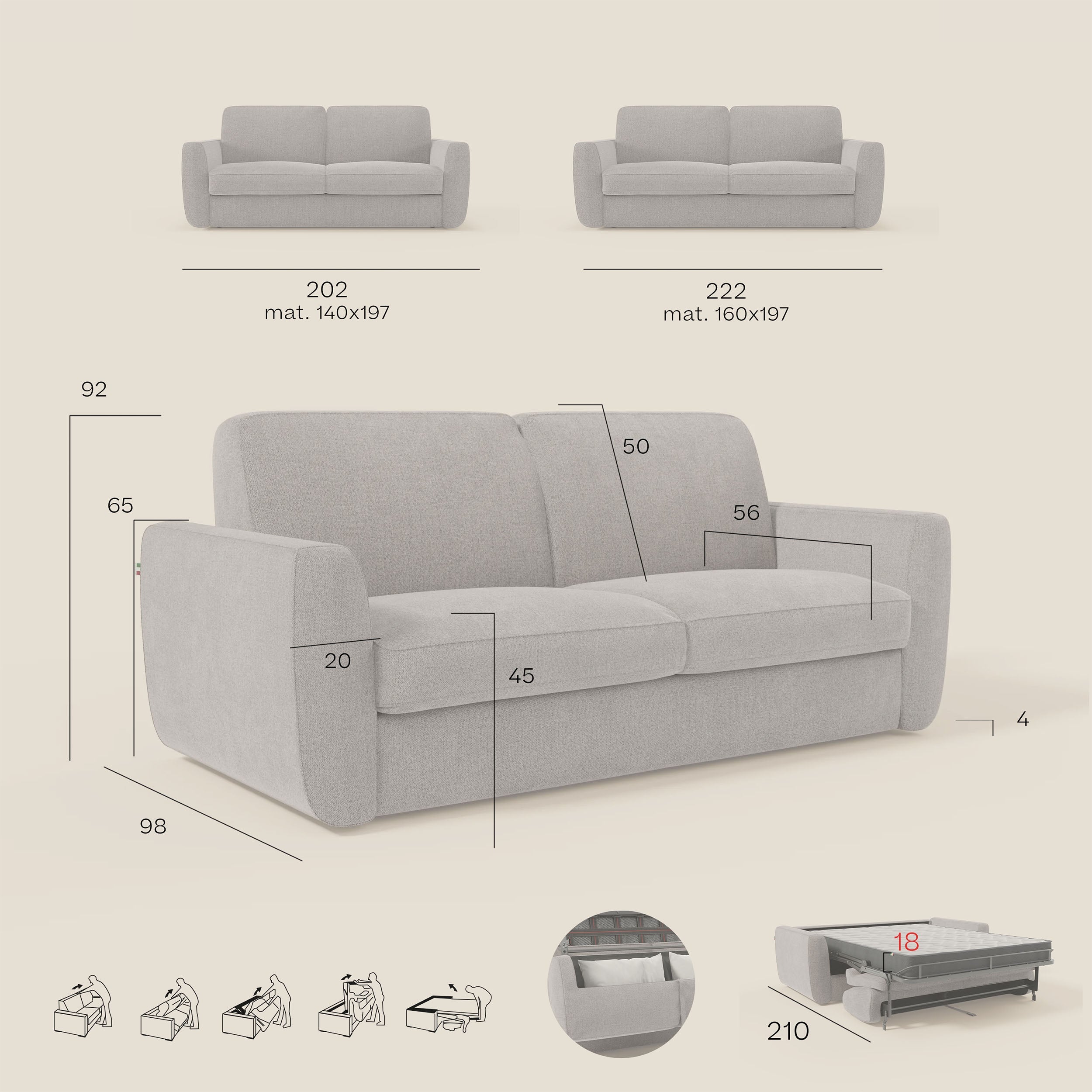 Leonida Divano letto sfoderabile e materasso H18 cm - vano portaguanciali in tessuto Smacchiabile T23 202 cm panna