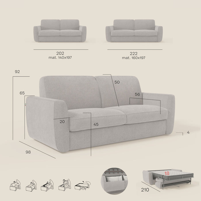 Leonida Divano letto sfoderabile e materasso H18 cm - vano portaguanciali in tessuto Smacchiabile T23 202 cm grigio
