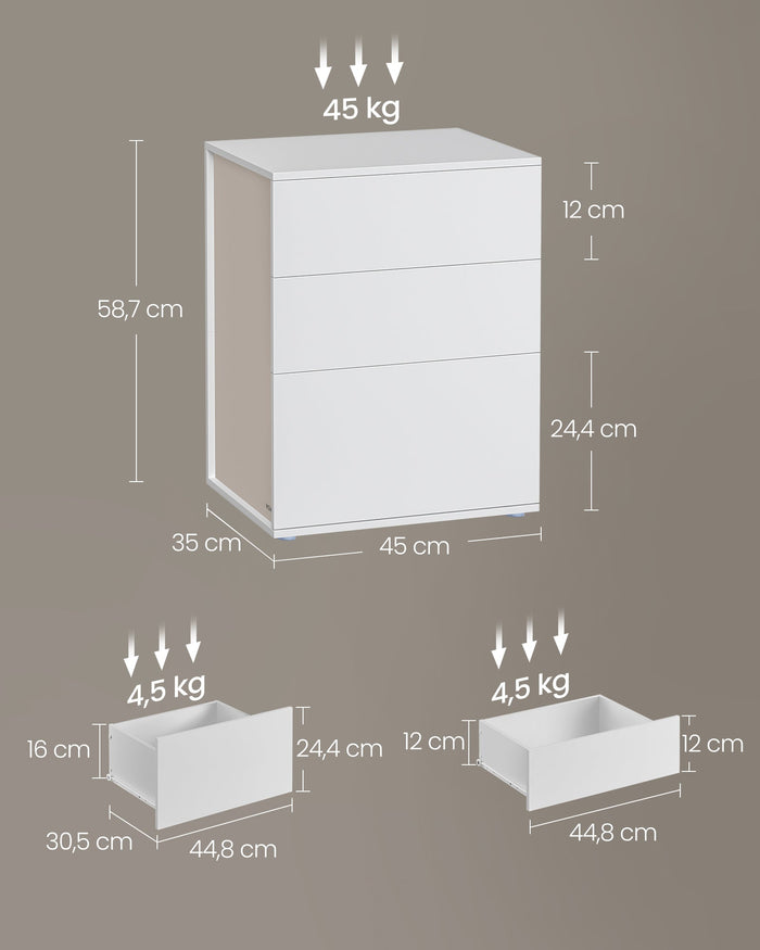 Comodino montaggio senza attrezzi comodino cassetti moderno camera da letto soggiorno 35 x 45 x 587 cm bianco 12_0007595
