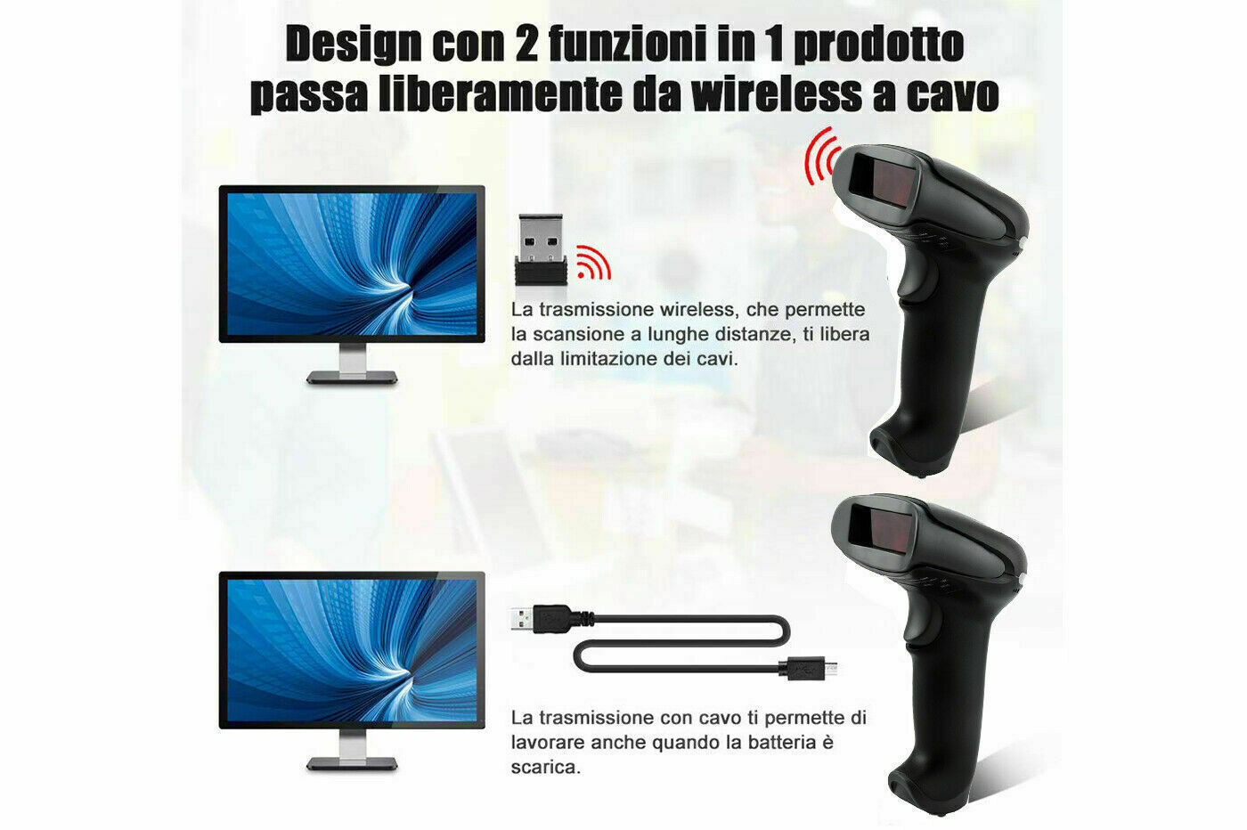 LETTORE DI CODICE A BARRE BARCODE SCANNER SENZA FILI WIRELESS LASER Q-A203