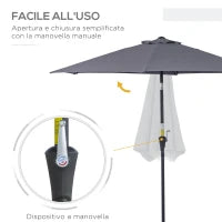 Ombrellone da Giardino 2.6x2.4 m Inclinabile con Manovella, in Alluminio e Poliestere Grigio e Nero