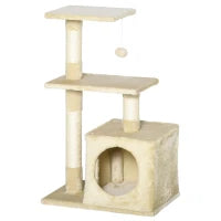 Tiragraffi per Gatti con Casetta, 2 Piattaforme e Pallina Giocattolo, Albero Tiragraffi in Truciolato, Sisal e Peluche, 50x30x81.5 cm, Beige