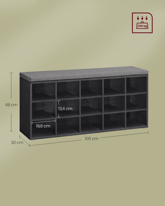 Panca portascarpe da ingresso 30 x 105 x 48 cm con seduta portascarpe con cuscino e 9 scomparti ripiani regolabili per ingresso soggiorno nero 12_0004103