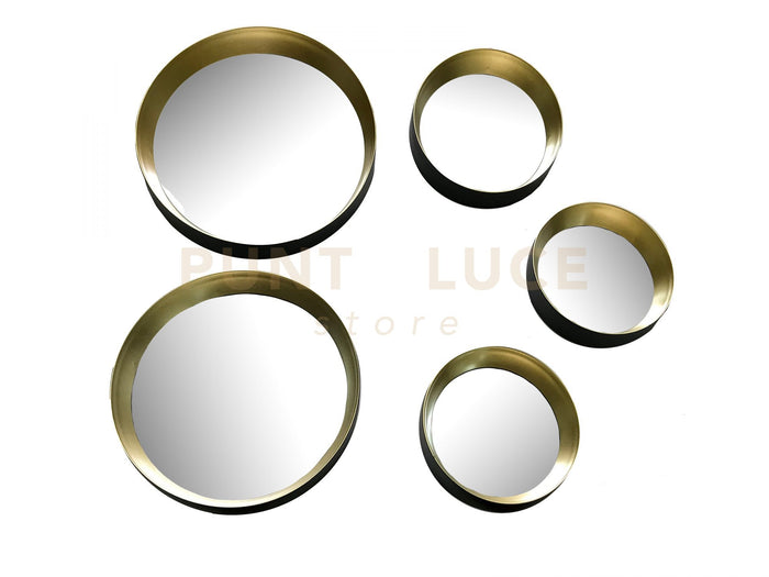 VIVIEN SET 5 SPECCHI DIAMETRI ASSORTITI CON CORNICE PLASTICA NERA E ORO