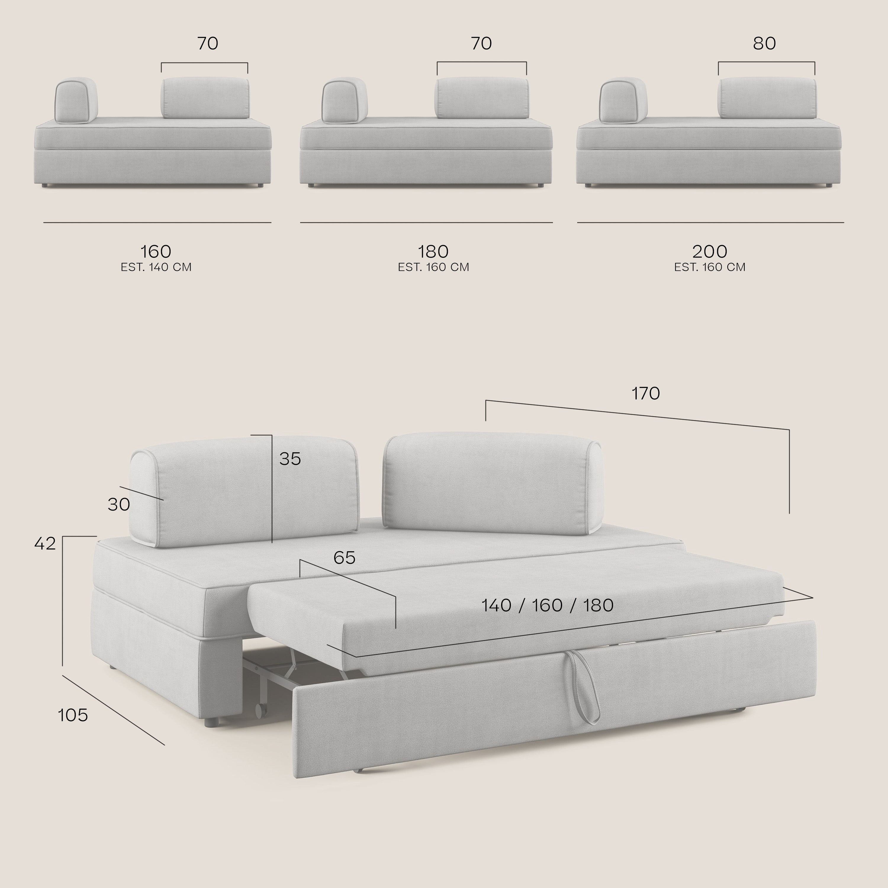 Liberty Divano senza pouf estraibile e schienali movibili in tessuto morbido impermeabile T02 180 cm carta da zucchero