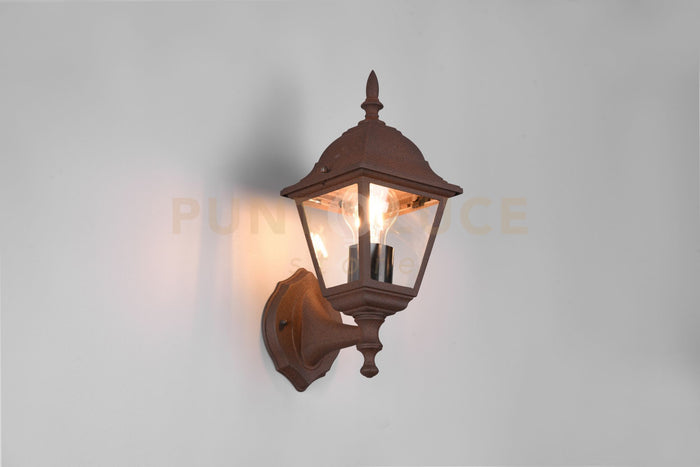 LIVENZA APPLIQUE DA ESTERNO UP 4 LATI FUSIONE DI ALLUMINIO RUGGINE E VETRO TRASPARENTE H. 33CM IP44 1 LUCE ATTACCO E27