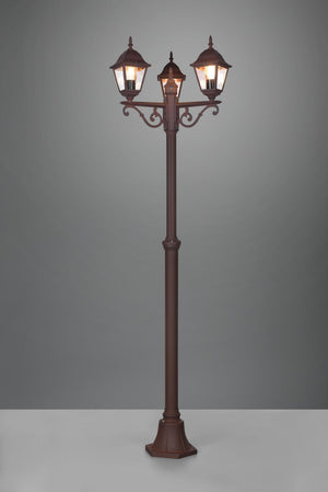 LIVENZA PALO ALTO 3 LANTERNE DA ESTERNO 4 LATI FUSIONE DI ALLUMINIO RUGGINE E VETRO TRASPARENTE H. 200CM IP44 ATTACCO E27
