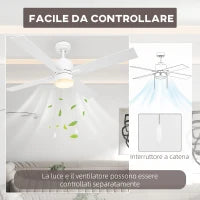 Ventilatore da Soffitto con Luce LED, 3 Velocità e Motore Reversibile, Ø130cm, Bianco e Legno