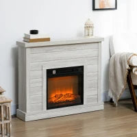 Camino Elettrico 1800W con Effetto Fiamma e Telecomando, in Legno, Metallo e Vetro, 96.5x22x81.7 cm, Grigio Chiaro