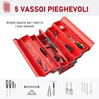 DURHAND Cassetta Porta Attrezzi in Acciaio Pieghevole con 5 Vassoi, Valigetta Porta Attrezzi 56x20x41 cm, Rosso