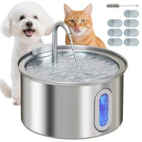 Fontanella per Gatto 2.5L con Luce LED e 2 Modalità di Flusso, in Acciaio Inox, 19.4x19.4x18.7 cm, Argento