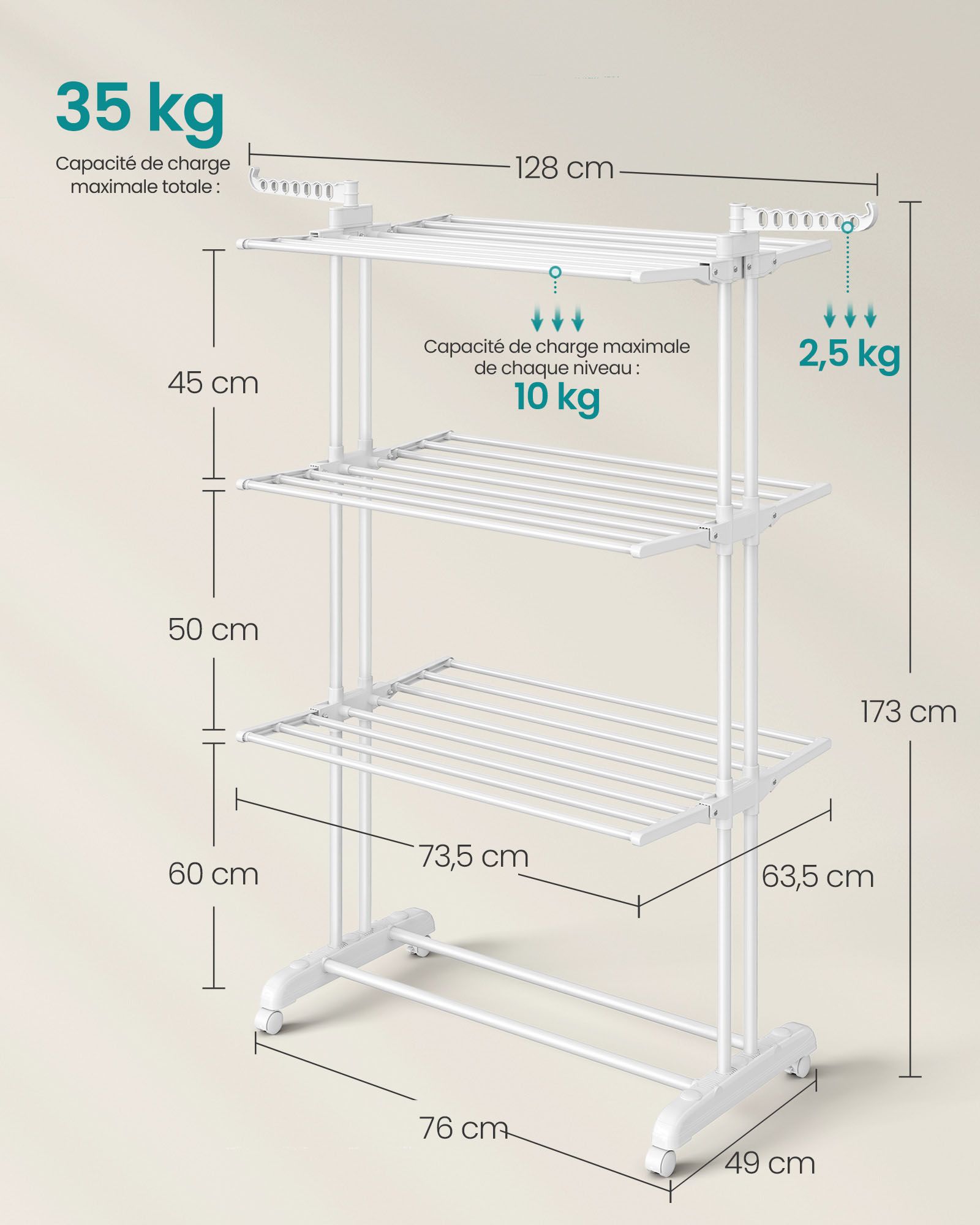 Asciugatrice mobile a 4 ripiani con ruote pieghevole 64 x 126 x 172 cm grande capacità facile da montare uso interno ed esterno bianco 12_0005841