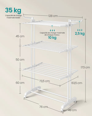 Asciugatrice mobile a 4 ripiani con ruote pieghevole 64 x 126 x 172 cm grande capacità facile da montare uso interno ed esterno bianco 12_0005841