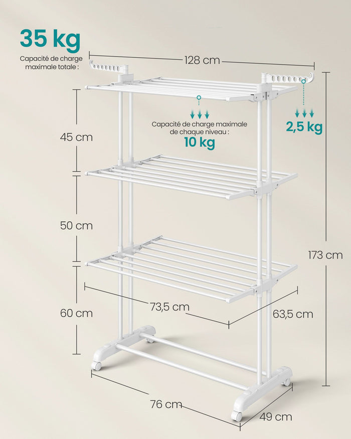 Asciugatrice mobile a 4 ripiani con ruote pieghevole 64 x 126 x 172 cm grande capacità facile da montare uso interno ed esterno bianco 12_0005841