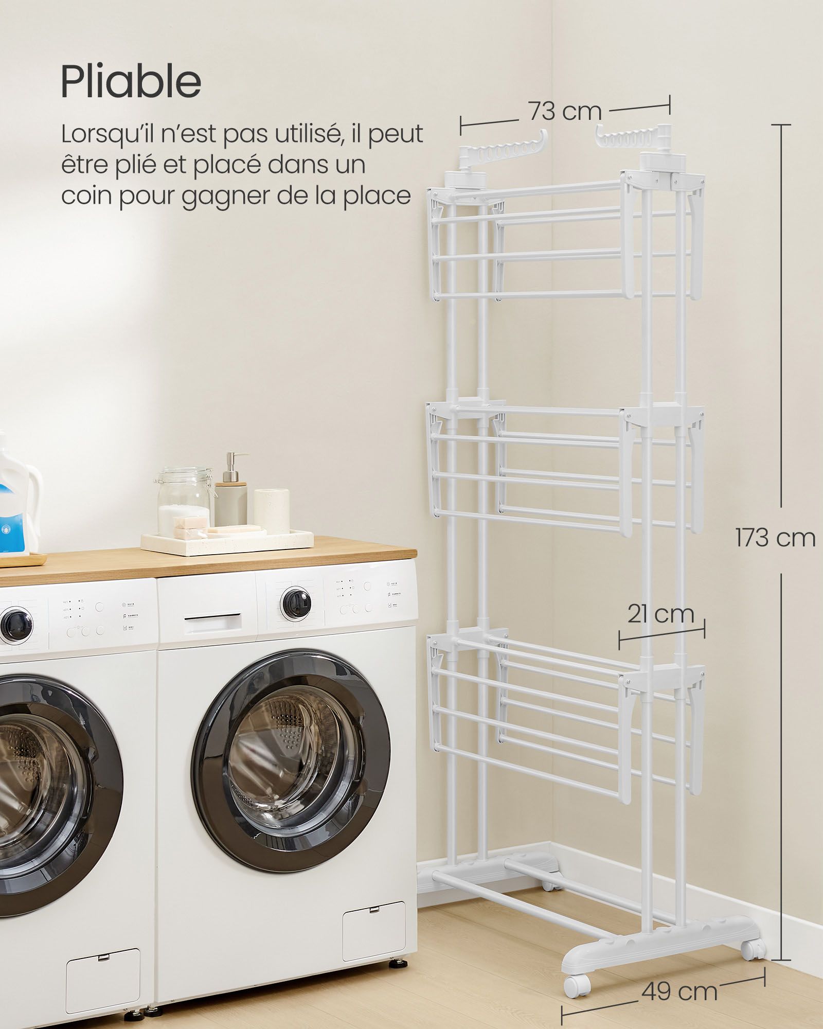 Asciugatrice mobile a 4 ripiani con ruote pieghevole 64 x 126 x 172 cm grande capacità facile da montare uso interno ed esterno bianco 12_0005841