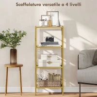 Mobiletto Scaffale a 4 Livelli Minimal in Metallo e Vetro Temperato, 40x30x96.5 cm, color Oro