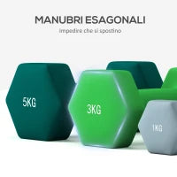 Set Manubri con Supporto, 3 Coppie di Pesi da 2 x 1 kg, 2 x 3 kg, 2 x 5 kg, Multicolore