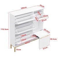 Scarpiera con sgabello per cambio scarpe, per corridoi e camere da letto, 105x25x115,5 cm, Bianco e Oro